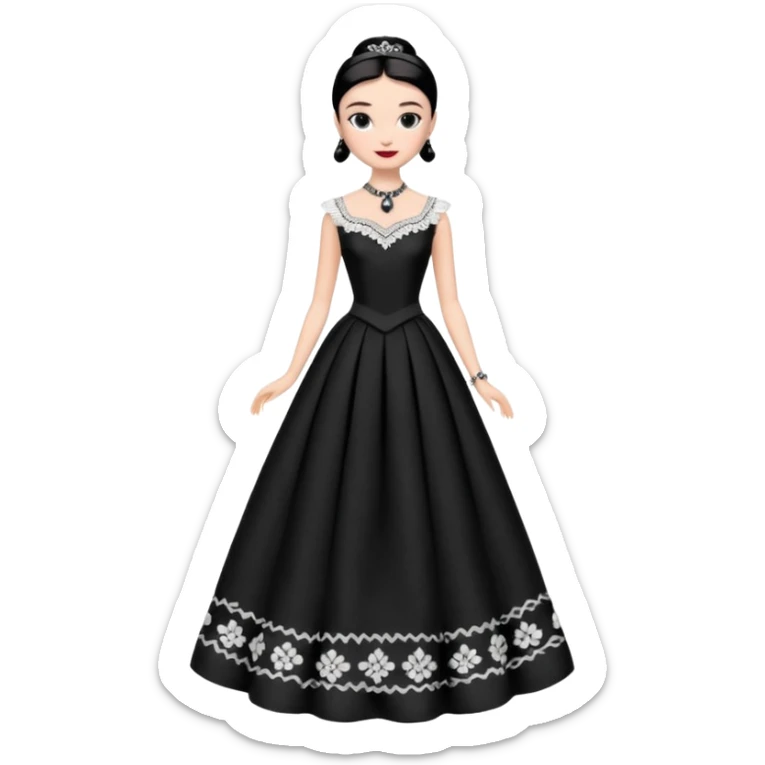 Audrey Hepburn as Sabrina Barbie. Wednesday Addams. Show full body. Embroidered long gown with accessories  sticker