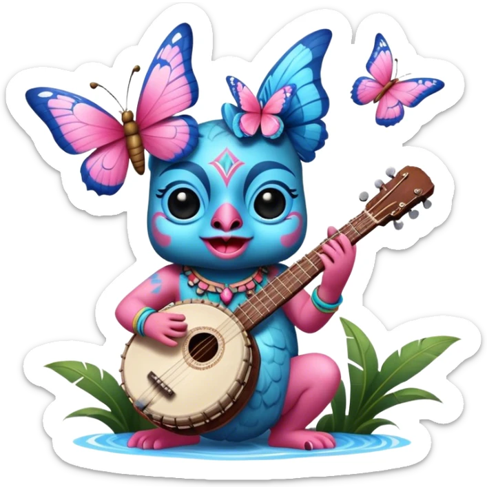 Pixar style little Blue and pink tiki singing with a butterfly and playing a banjo, ultra detailed and lifelike imagery, realistic sticker