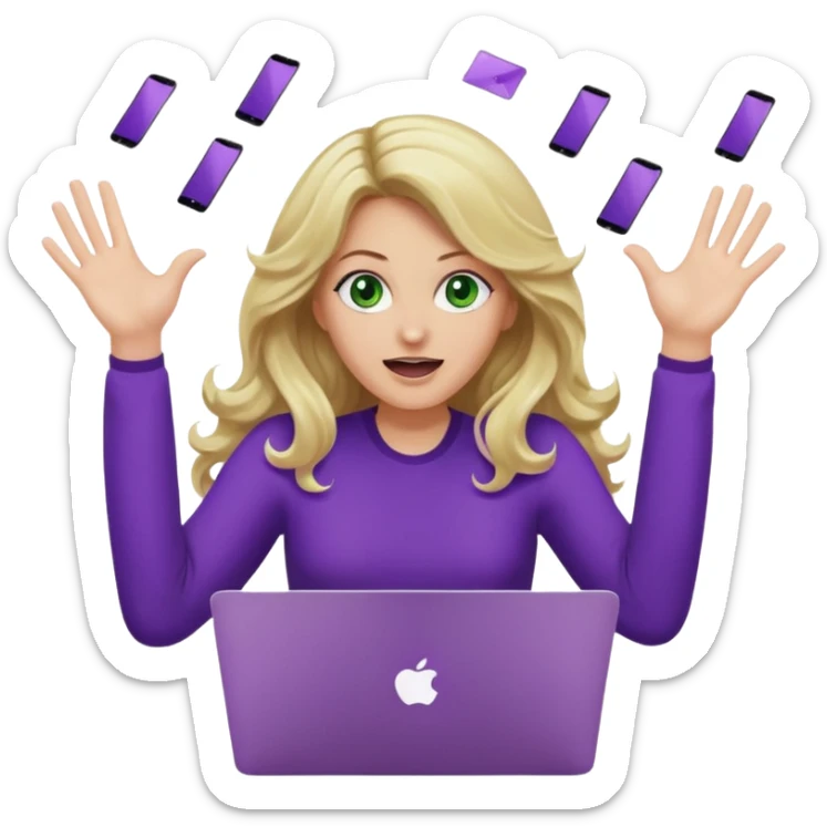 lady with long wavy blonde hair, purple top, green eyes, throwing her with a purple mac laptop hands in the air screaming sticker