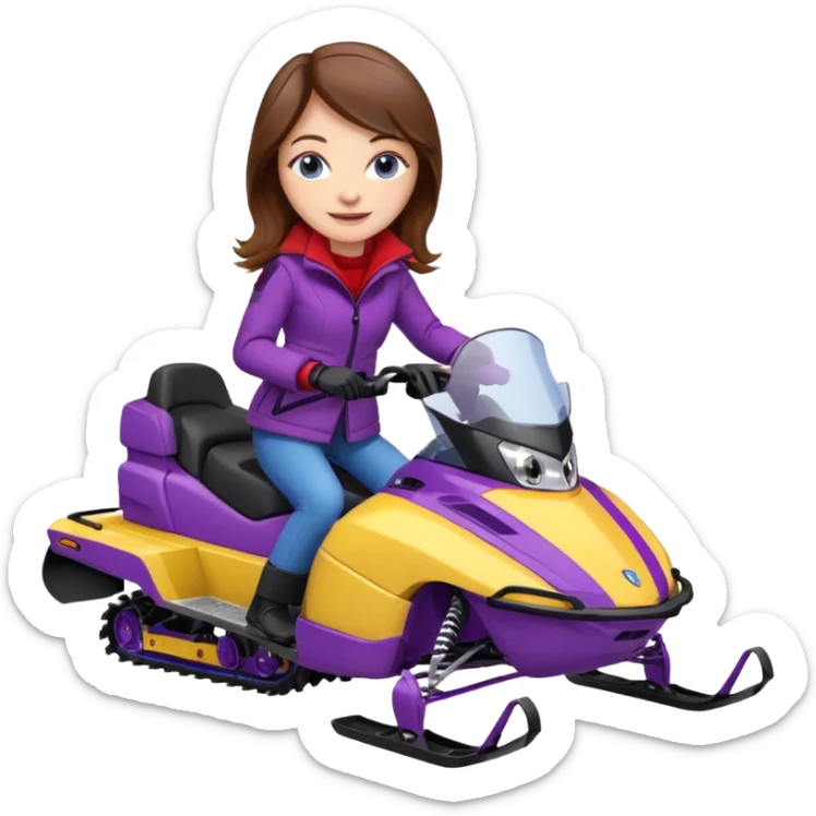 Brown hair, very blue eyes, Woman wearing a red coat  on purple and yellow striped snowmobile sticker