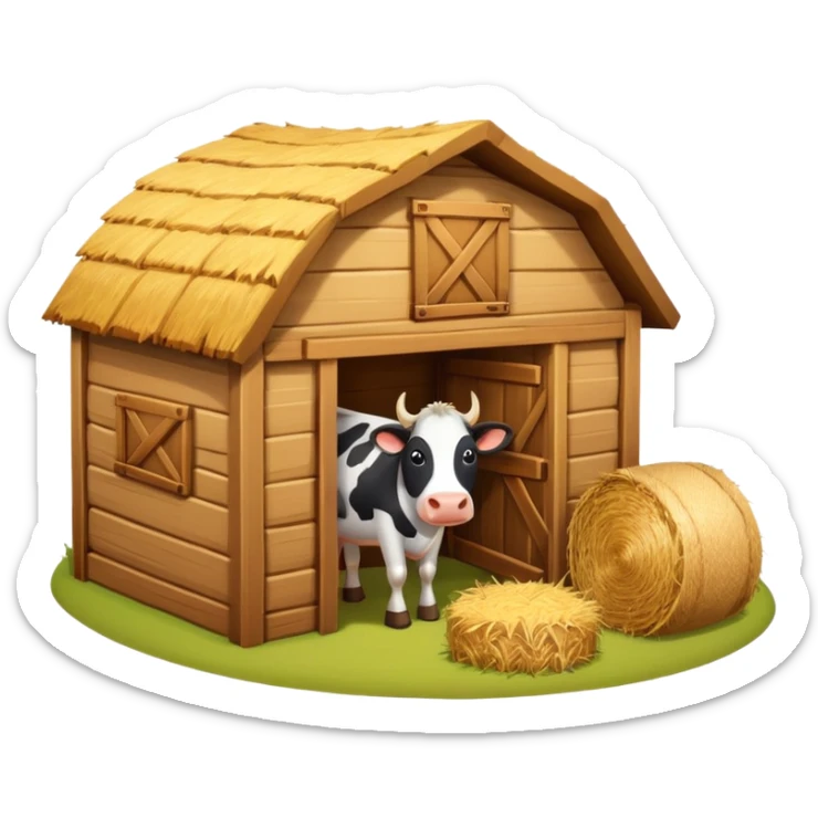 cow barn object icon, wooden stable building, hay bales near entrance, warm light, farm style, 3D cartoon, mobile game icon style, centered, clean background, no text, no watermark
 sticker