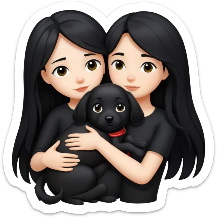A girl with long black hair wearing black clothes hugs a black dog tightly sticker