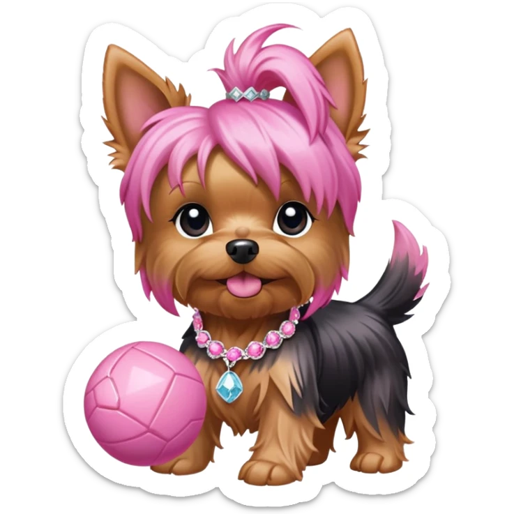 Pink flower with diamond in long hair yorkie playing fetch with pink ball pink necklace sticker
