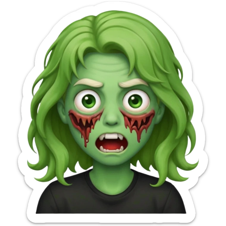 zombi emoji with a wavy medium hair, mouth, nose, green skin, black shirt sticker