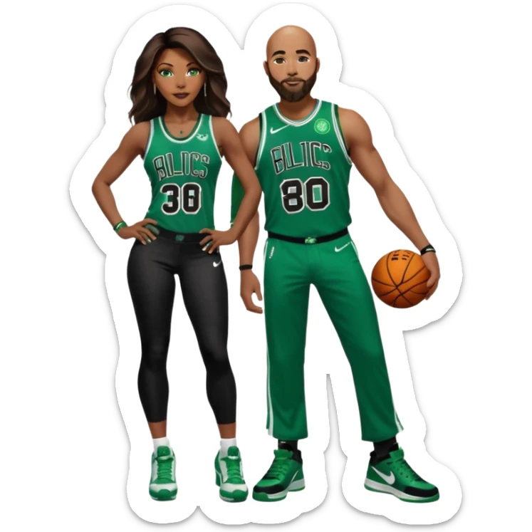 black woman and one white man: 48-year-old black woman with brown eyes, long dark brown balayage hair dressed in sexy 
celtics jersey costume outfit and stilettos with bald white man with ginger beard, and blue eyes, in a Jason Tatum Boston Celtics Jersey, jeans and matching Nike sneakers  sticker