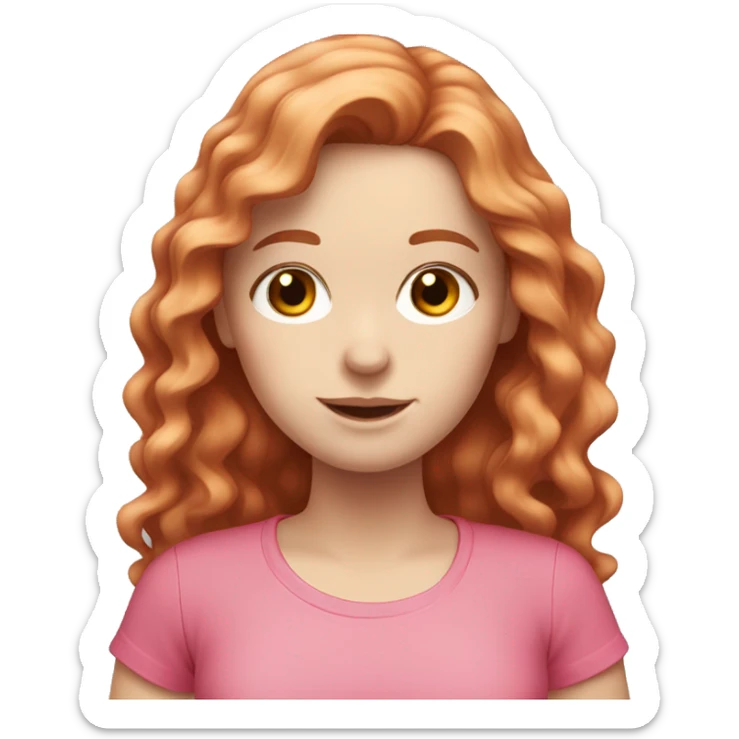 white pale girl with long red brown wavy hair and a pink shirt sticker