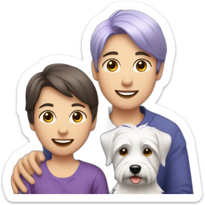 Family picture woman with purple/gray hair, aduld son with dark brown hair and West Highland White Terrier sticker