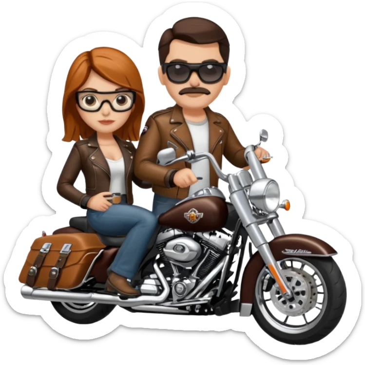 Un couple de biker sur une harley road king noire, l'homme a une paire de lunettes demetz ros21, la fille a des cheveux plus dans les tons chatain sticker