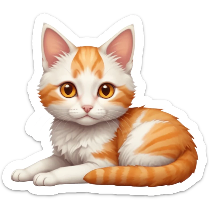 full body of very small + skinny ginger and white kitten with deep orange eyes and triangular shaped face lying down sticker