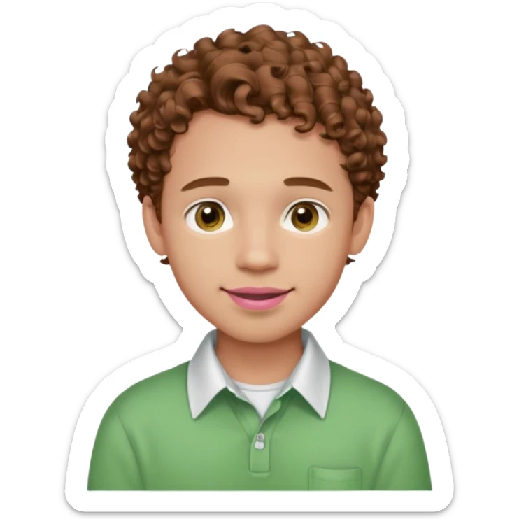 emoji of a young man with light skin, big brown eyes, soft smile with braces, full pink lips, curly hair, warm gaze, wearing a green shirt with white collar sticker