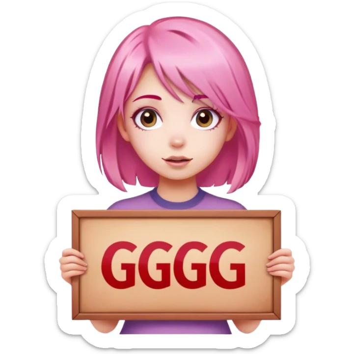 girl with pink hair, big sign saying "GG" sticker