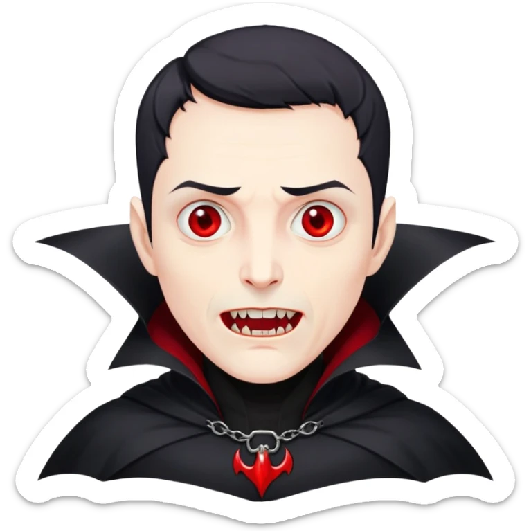 Nam 50 tuổi, mắt đỏ, da trắng, tóc ngắn màu đen, có răng nanh, mặt hơi đáng sợ như ma cà rồng, áo măng tô cổ cao màu đen, nửa thân trên sticker