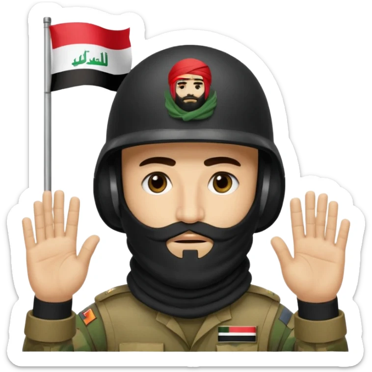 surrenders, depicts an Iraqi soldier from 1980, with a beard, in a helmet, a helmet with sign flag Iraq, with a balaclava, with sad eyes and both hands raised up sticker