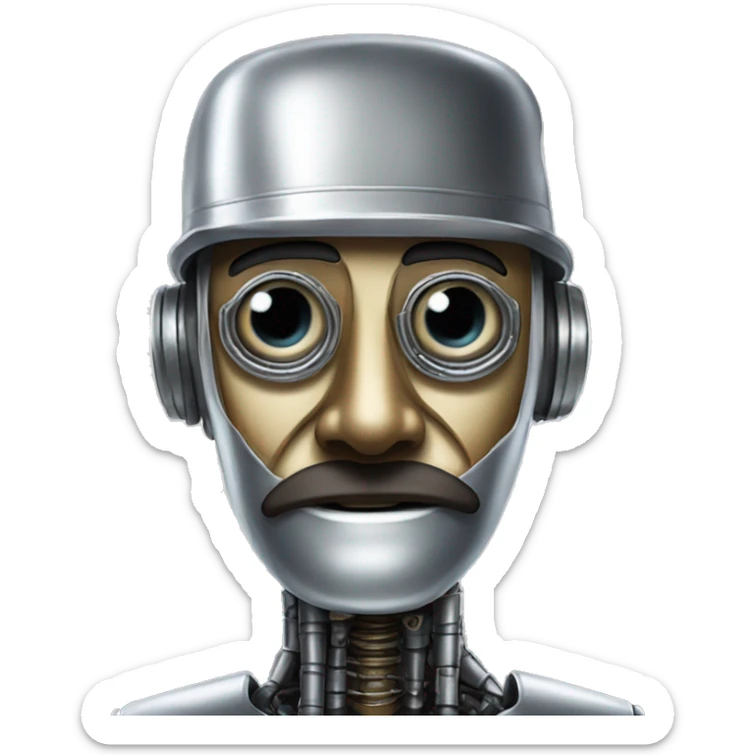 a portrait of a robot that tries to disguise as a human. He's in metal but has fake nose and mustache, and a cap with written on it "100% human" sticker