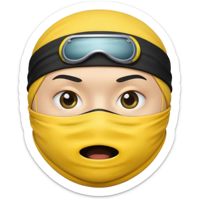ninja face emoji, yellow color, black headband, black mask covering mouth, simple style, big round eyes, mouth fully hidden, no cup shape sticker