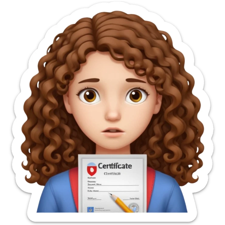 A girl with long curly brown hair shows an IELTS certificate with low score dissapointed sticker