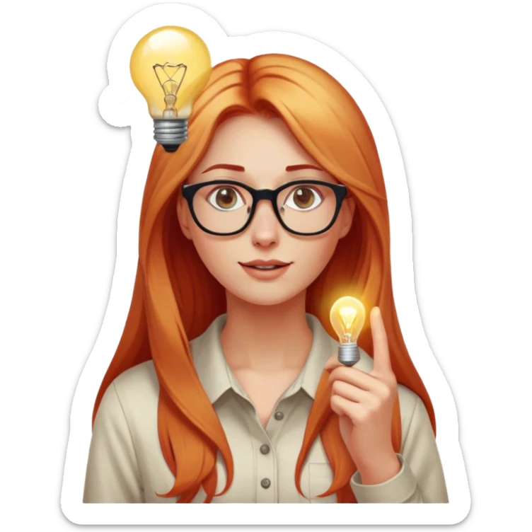 intelligent and clever, 30 year old, girl, long red and almost blond hair, glasses, has an brillant idea, light bulb next the her head in the air, casual cloth  sticker
