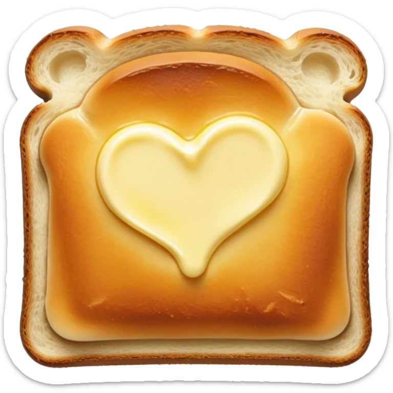 Cinematic warm toasted bread, golden-brown edges, butter melting into the surface, slightly crispy texture, simple and comforting, warm glowing background, inviting and homely. sticker