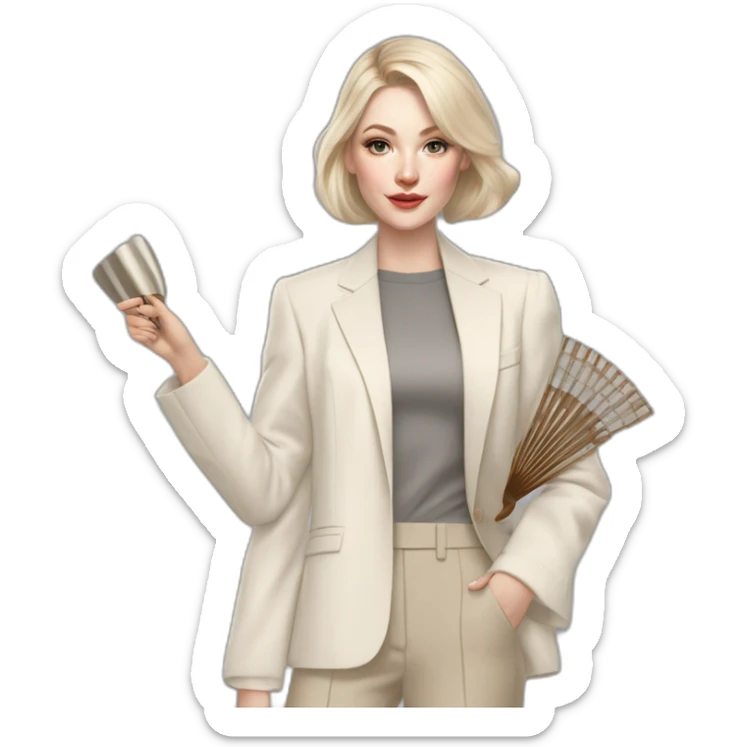pale skin woman with ash blonde Straightened bob Hair, White Spacious classical jacket, beige palazzo Arrow pants and gray blouse holding a fan from color palettes in the hands sticker