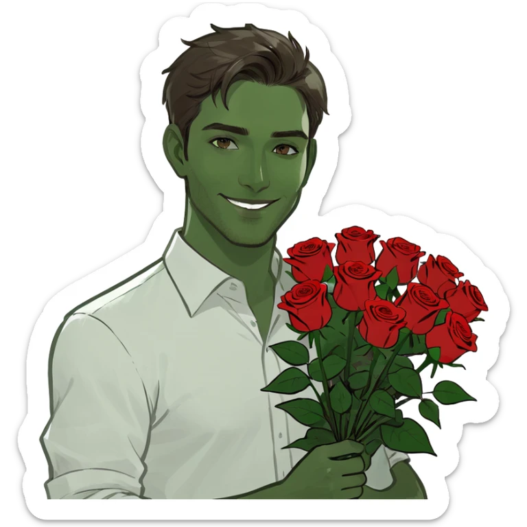 male memoji, handsome man in white shirt, holding a big bouquet of red roses, gentle smile, soft romantic eyes sticker