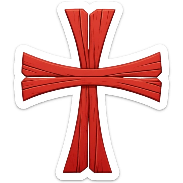 Consiste en una cruz de San Andrés ( X 𝑋 ) de color rojo, con contornos irregulares que representan los nudos de las ramas cortadas (a menudo representados como troncos "al natural" o nudosos). sticker