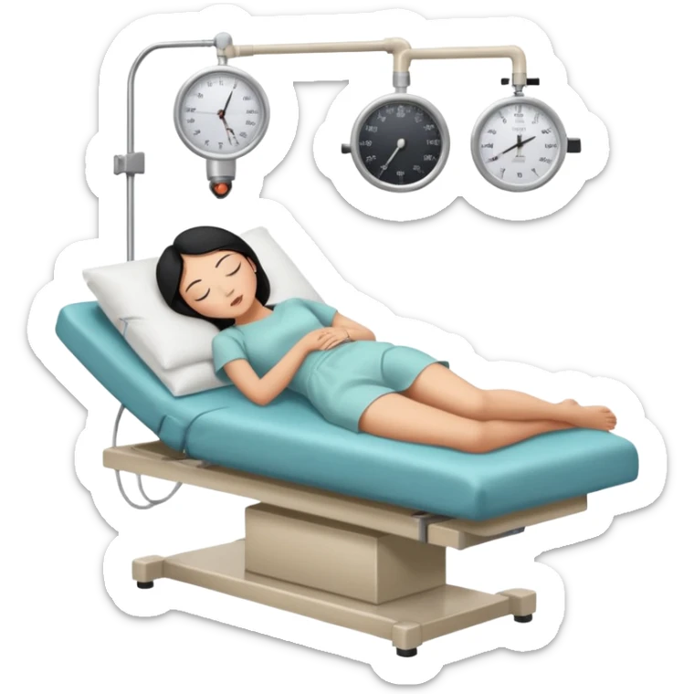 A female patient with black hair lying on an examination bed, head on a pillow and eyes closed, shown in a wide, full-body view in a clean colonoscopy procedure room. No medical staff visible. sticker