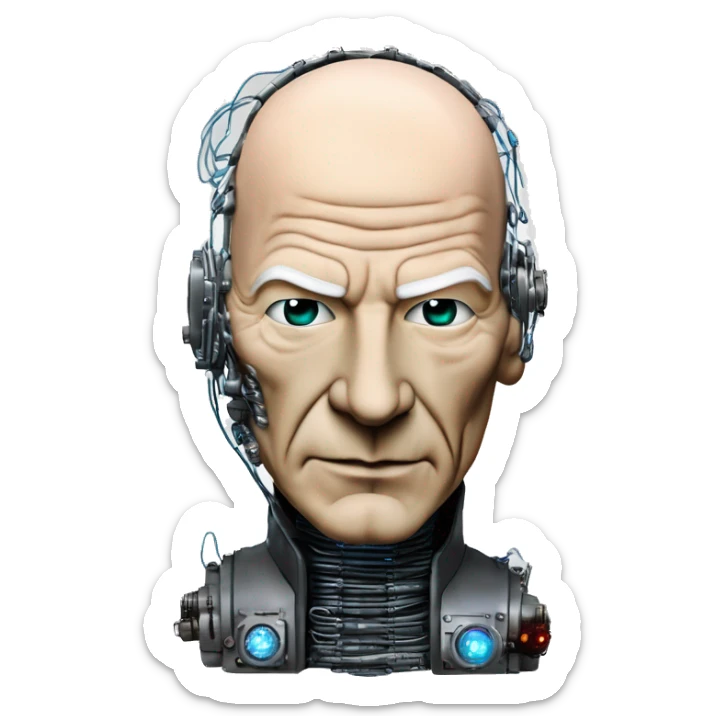 Jean luc picard from Star Trek assimilated by the Borg, with mechanical metal covering the left side of his face, with wires and a red light on the left side. His eyes are blue sticker