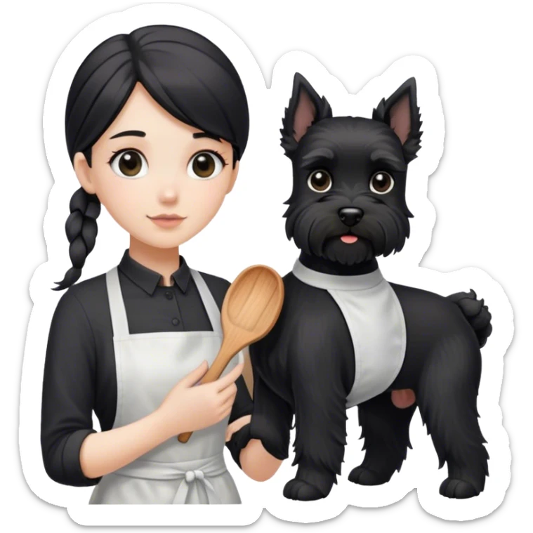 pale girl with long back hair wearing black long shirt wearing apron holding black  schnauzer sticker