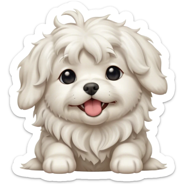 Cinematic Cute Yawning Wavy-Haired Maltese Dog Portrait Emoji, Head tilted slightly with a dramatic, wide-open yawn, showcasing a lustrous, wavy-haired white coat with gentle highlights, floppy ears slightly drooping, round dark eyes barely open in drowsy contentment, Simplified yet irresistibly adorable features, highly detailed, glowing with a soft, cozy glow, high shine, relaxed yet expressive, stylized with a touch of whimsy, bright and endearing, soft glowing outline, capturing the essence of a sleepy yet affectionate companion, so drowsy it feels like it could stretch right out of the screen and curl up for a nap! sticker
