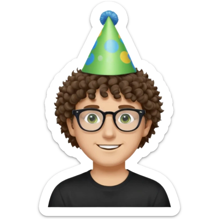 A white guy with curly brown hair and green eyes with a happy face, and wear square black glasses.He’s also got a full silver birthday party hat on his head with blue pom poms on top of it, and his T-shirt is all black, he wears a little gold circle earrings on his left  sticker