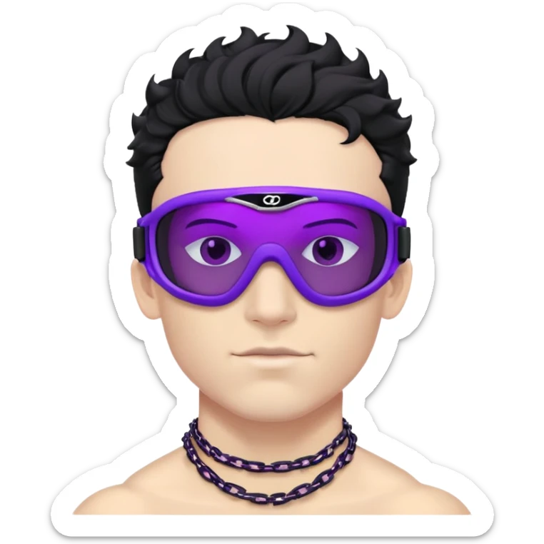 shirtless male athlete with white skin and moderately curly black hair on top with shaved sides, wearing ski goggles with purple frames/outline and very dark heavily tinted black lenses that completely hide the eyes, and a simple plain black chain necklace, no earrings sticker