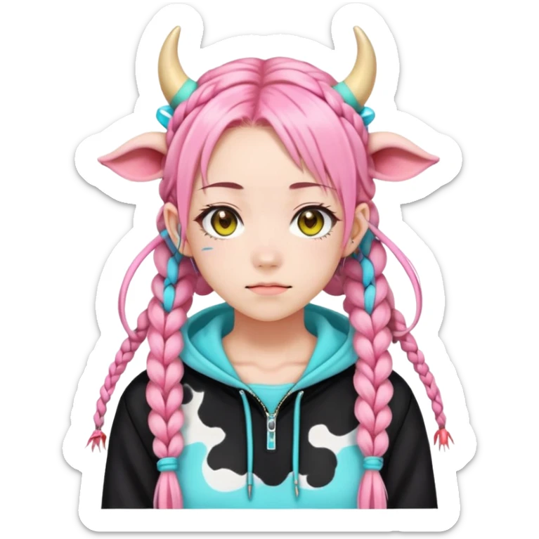 En anime-jente med to rosa lange tykke fletter og cyan striper i håret, ku-horn og ku-ører, sort BH-topp over en gul cropped-fleece-blouse sticker