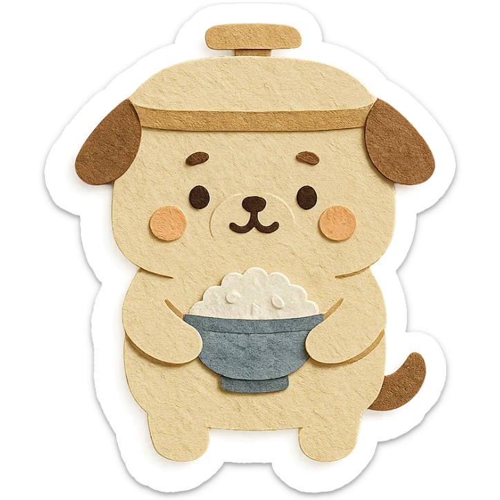 chibi dog-rice cooker hybrid, round belly, holding a rice bowl, soft cream and brown palette, full-body sticker