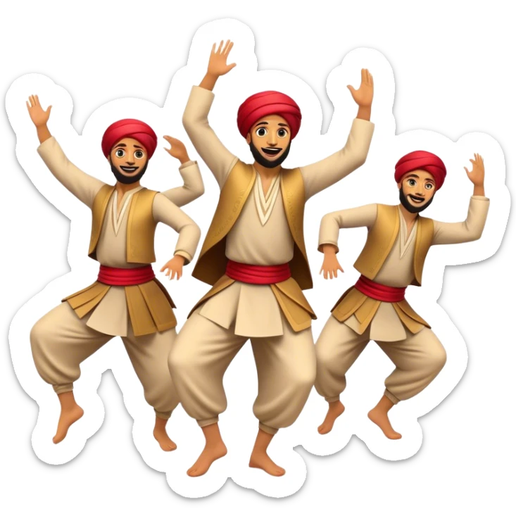 Cinematic Realistic Dabke Dance Emoji, depicted as an energetic traditional Lebanese folk dance with vibrant costumes and rhythmic movements, rendered with dynamic textures and festive natural lighting that captures its communal joy. sticker