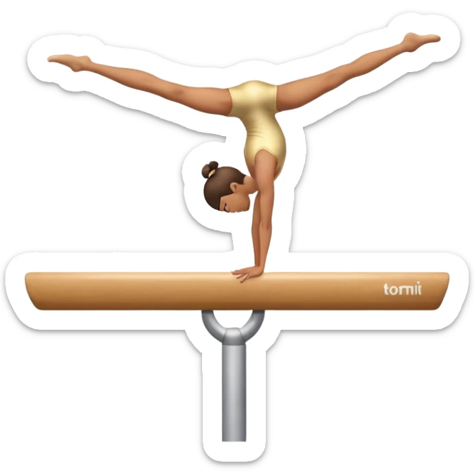 An artistic emoji of a professional sports acrobat performing a stunning balance pose on a narrow beam. The acrobat showcases perfect control, flexibility, and strength, executing an elegant handstand. The background features a bright gymnastics arena with spotlights. sticker
