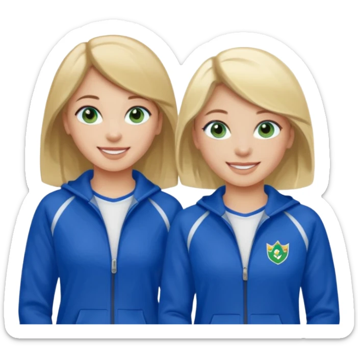 two girls smiling one has blond hair and green eyes and one is has dark brown hair and blue eyes they are wearing royal blue track suits sticker