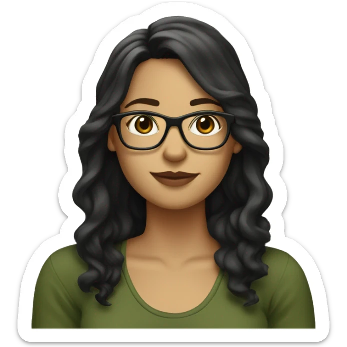 white skined woman with wavy long black hair with a olive green tank top with glasses tortoise  sticker