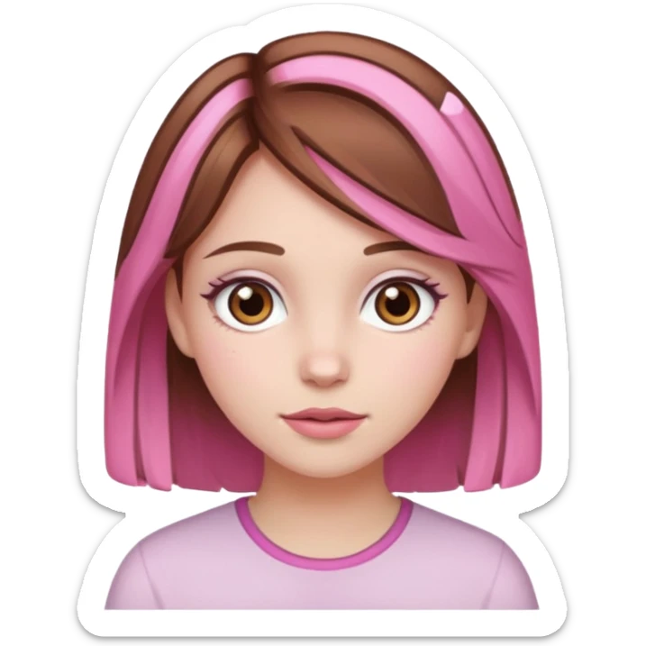 white skined girl with brown hair and brown eyes and pink highlights sticker