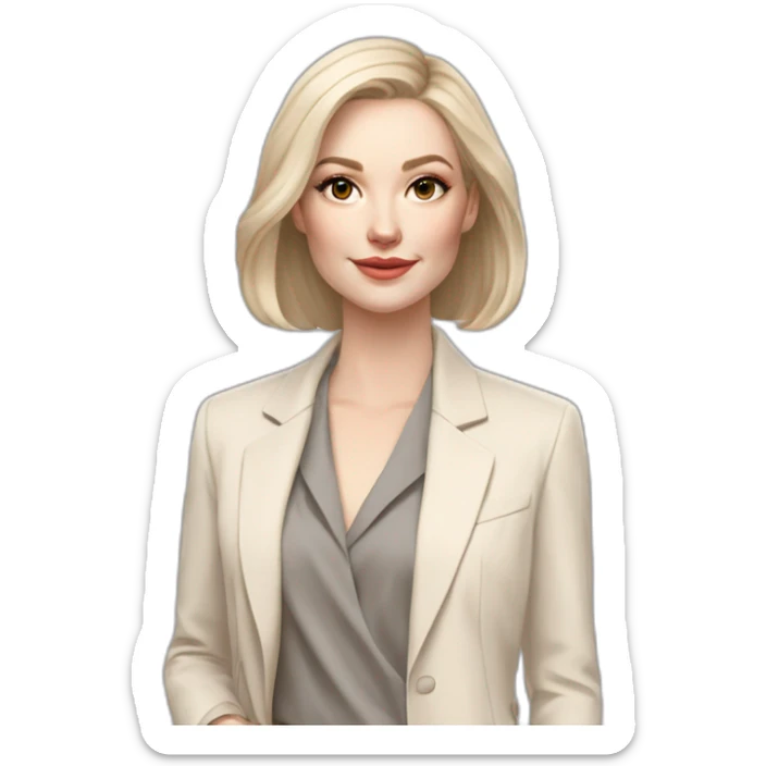 pale skin woman with ash blonde Straightened bob Hair, White Spacious classical jacket, beige palazzo Arrow pants and gray blouse holding a color palettes in the hands sticker