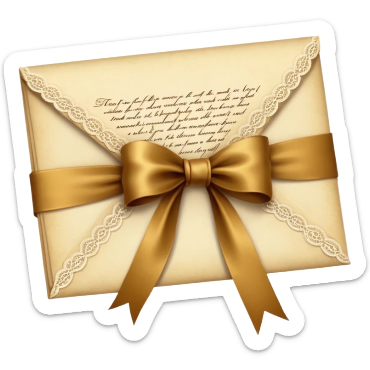 Lace-trimmed Letter
A delicate handwritten letter on ivory parchment, tied with a golden silk ribbon and edged in fine vintage lace — the ink a warm shade of brown, slightly smudged from emotion. sticker