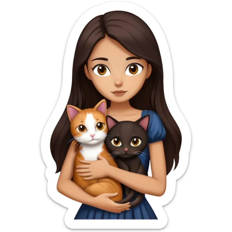 Beautiful skinny woman long dark brown hair in dark dress hug calico cat sticker