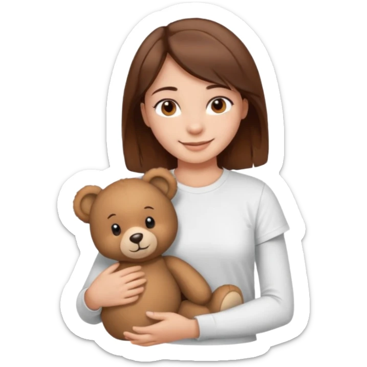 A Girl with Brown hair and Brown eyes with a t-shirt White. The t-shirt have dels a Teddy bearthe Gor have White skins and she is smiling sticker