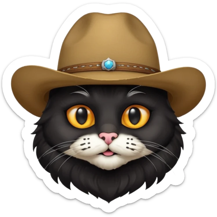 combine the cowboy empjis with a bclack cat emoji and make it have a black thick moustache over the cat wiskers sticker