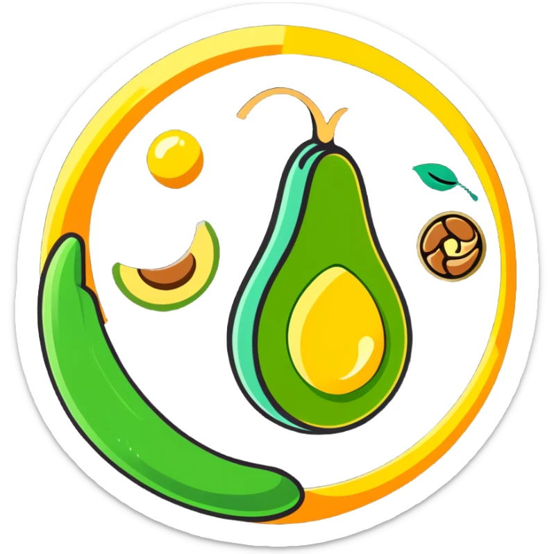 Floating aura in the shape of a golden and jade green drop, with bright icons of avocado, nuts, olive oil and ethereal fish spinning in a circle, surrounding a warm heart and illuminated brain, wrapped in a soft glow of protection and stable energy sticker
