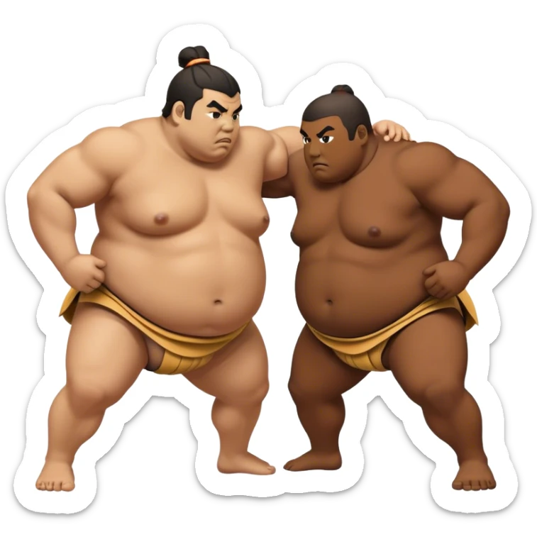 Cinematic Realistic Sumo Wrestling Emoji, depicted as an intense sumo match featuring powerful wrestlers in traditional mawashi, rendered with rich textures and dynamic dramatic lighting that captures the raw intensity of the sport. sticker