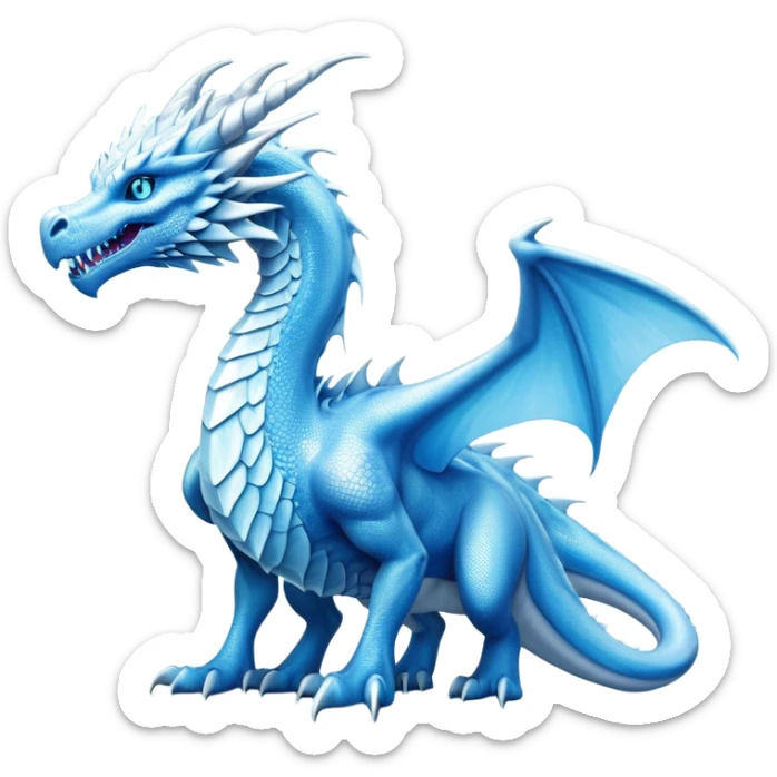 Cinematic Noble very elegant Ice Dragon full body  Emoji, Poised and imposing, distinct long elegant snout, with a slender, scaled body shimmering in glacial hues of icy blue, frostbitten silver, and crystalline white, breathing out frost, with piercing, glowing ice blue white eyes that radiate the chilling depths of an arctic storm; rendered in detail. excuding wisdom sticker