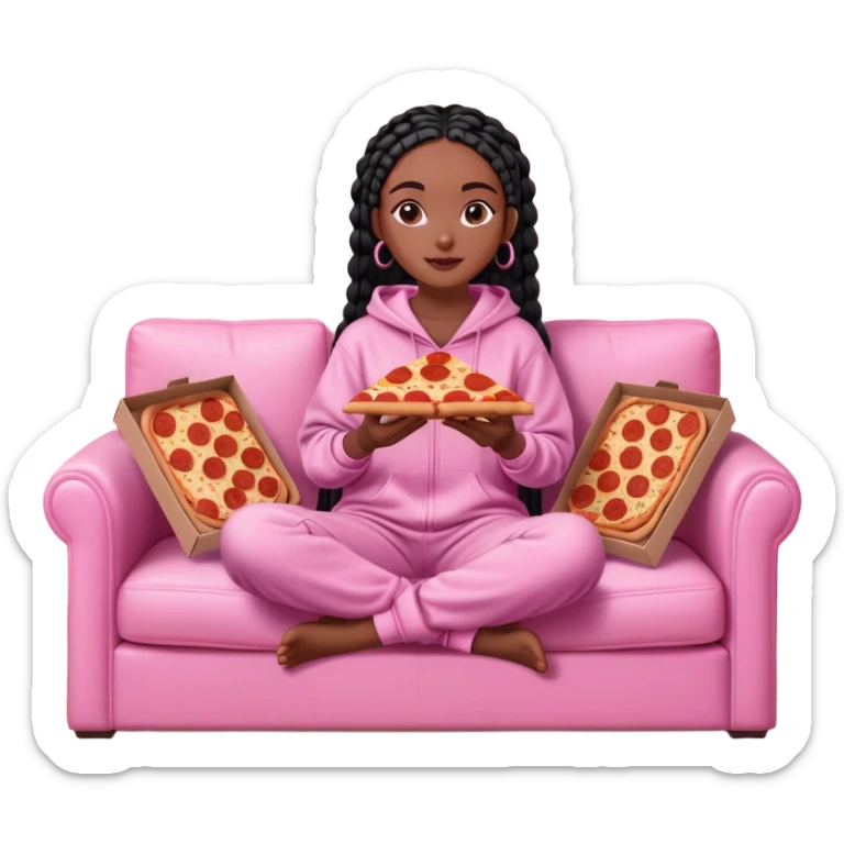 A dark-brown-skinned Black woman with black box braids, sitting on a pink couch, holding an open pizza box.She’s wearing comfy loungewear, looking relaxed and enjoying her food. sticker