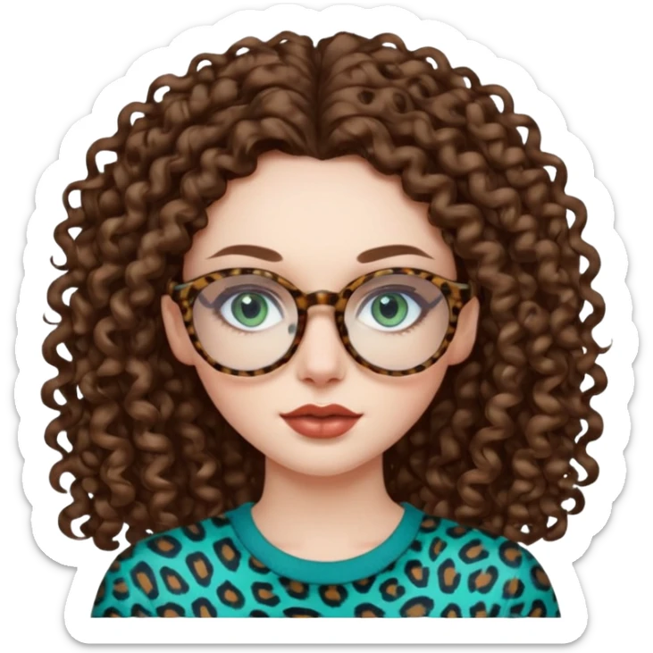 a blue green eyed woman with very long brunette curly hair, full lips,and pale skin. She is wearing a leopard printed thin round-ish glasses . She is wearing a brown top. sticker