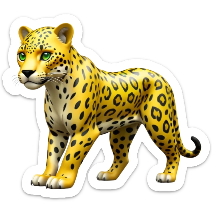 cinematic-jaguar-realistic-full-body-on all fours-emoji,-sleek-powerful-frame-poised-for-action,-yellow-fur-adorned-with-bold-black-rosettes,-head-tilted-dramatically,-piercing-green-eyes-locked-onto-its-prey,-simplified-yet-realistic-focused-features,-highly-detailed,-glowing-with-an-almost-sarcastic-glow sticker