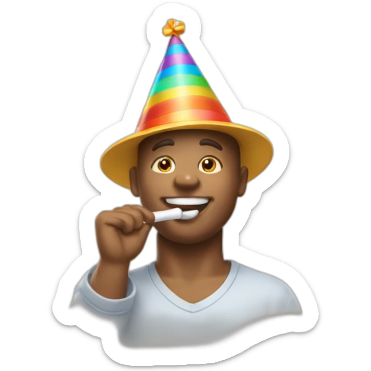 Create an emoji featuring a person joyfully wearing a birthday hat and enthusiastically blowing a birthday whistle, capturing the festive spirit of celebration sticker